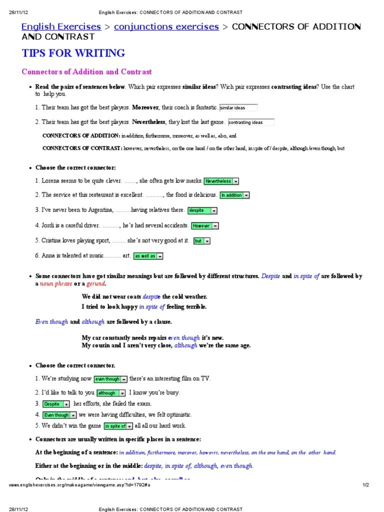 Connectors of Addition and Contrast Grammar Syntax