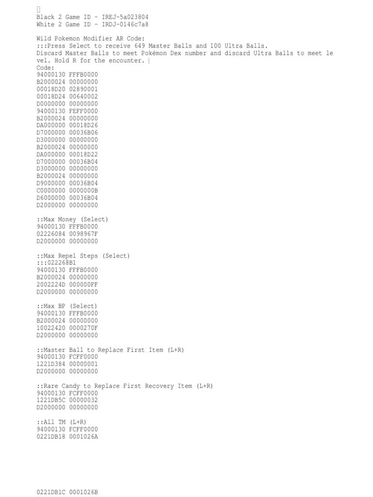Pokemon Black and White 2 Action Replay Codes PDF