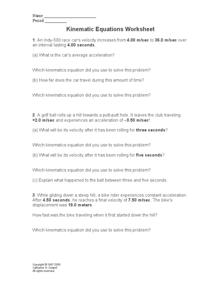 Kinematic Equations Worksheet Kinematics Velocity