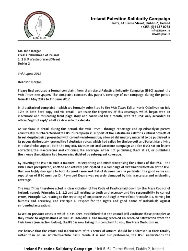 IPSC cover letter Complaint to Press Ombudsman Republic Of Ireland
