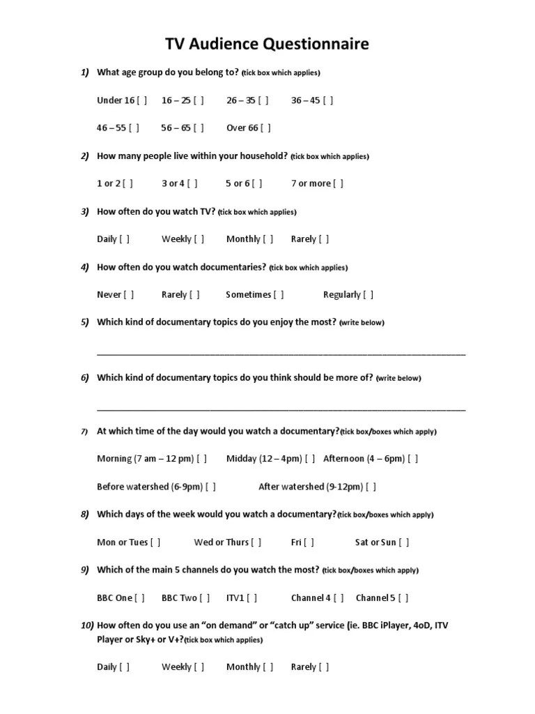 TV Audience Questionnaire and Results Bbc Television Network