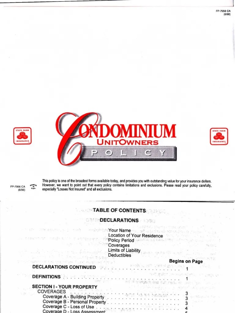 State Farm Condominium Unit Owners Policy FP7956 CA 696 PDF