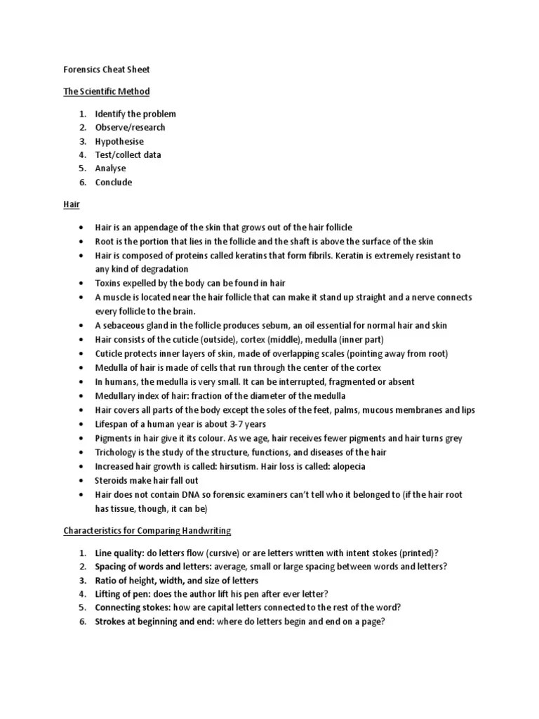 Forensics Cheat Sheet Hair Crime Scene