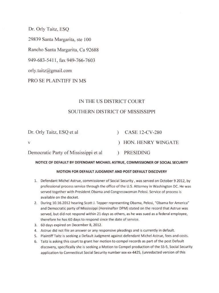 MS Motion For Default Judgment PDF Birth Certificate Default Judgment