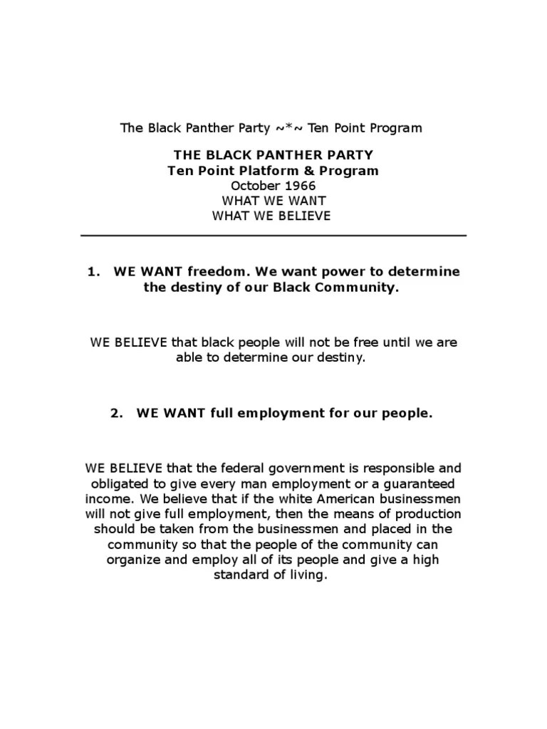 The Black Panther Party Ten Point Platform & Program