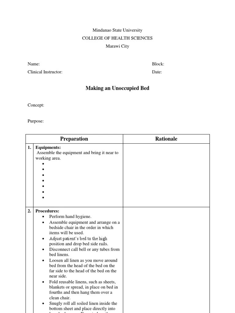 NCM Checklist Occupied and Unoccupied Bed PDF Bed Bedding