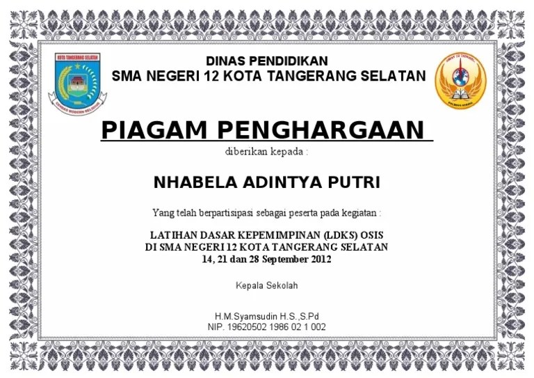 Piagam Penghargaan Sma Negeri 12 Kota Tangerang Selatan