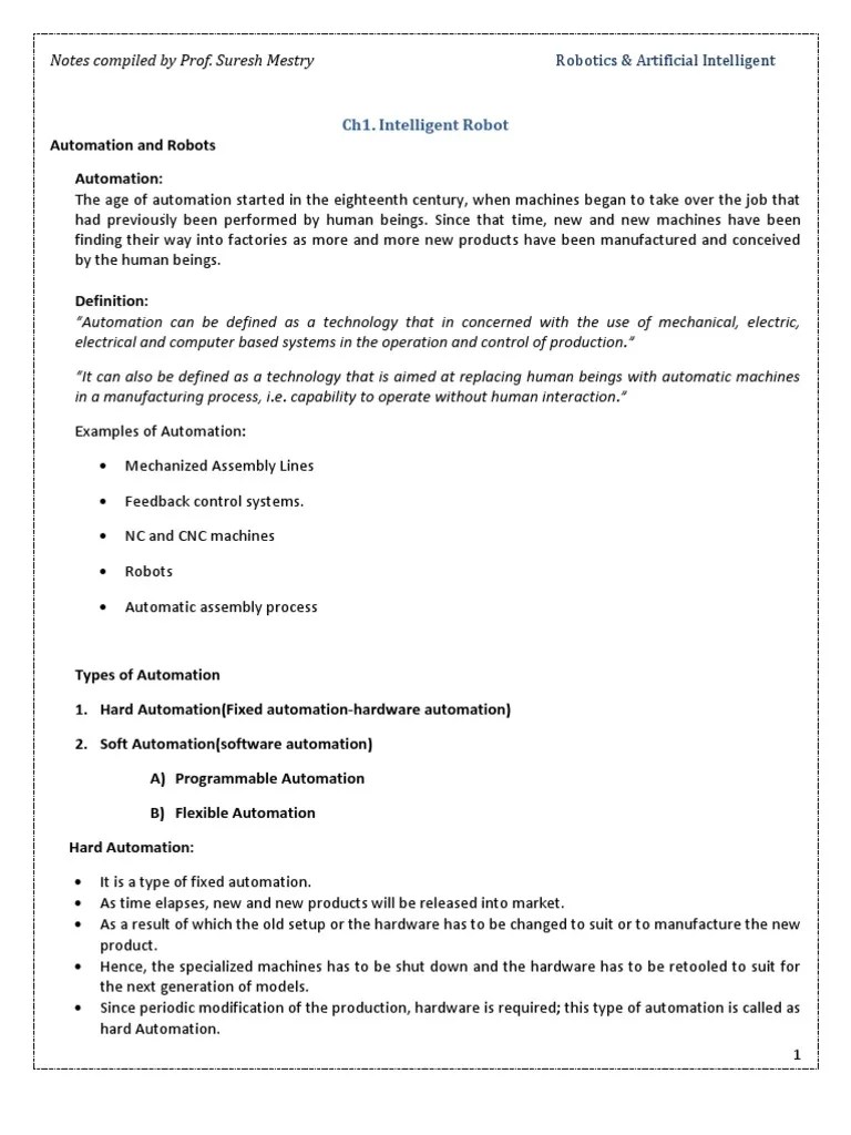 Robotics and Artificial Intelligence Short Notes