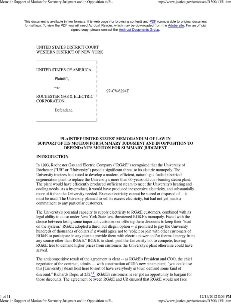 Sample Memo of Motion For Summary Judgment PDF Summary Judgment United States Antitrust Law