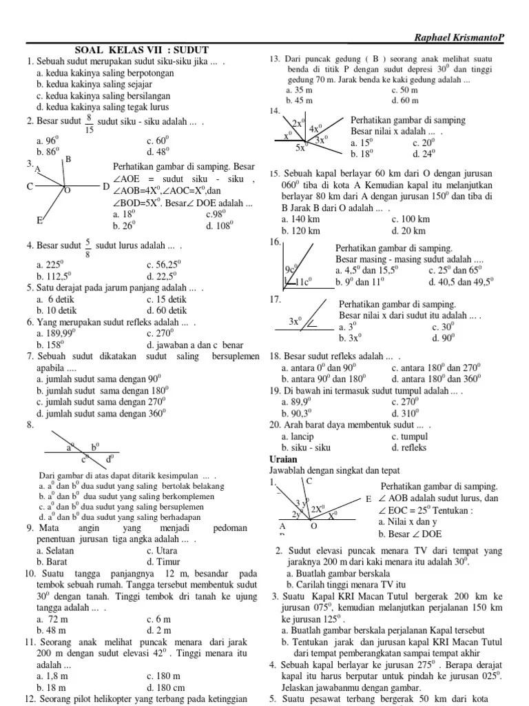 Contoh Soal Kumpulan Soal Matematika Garis Dan Sudut Kelas 7