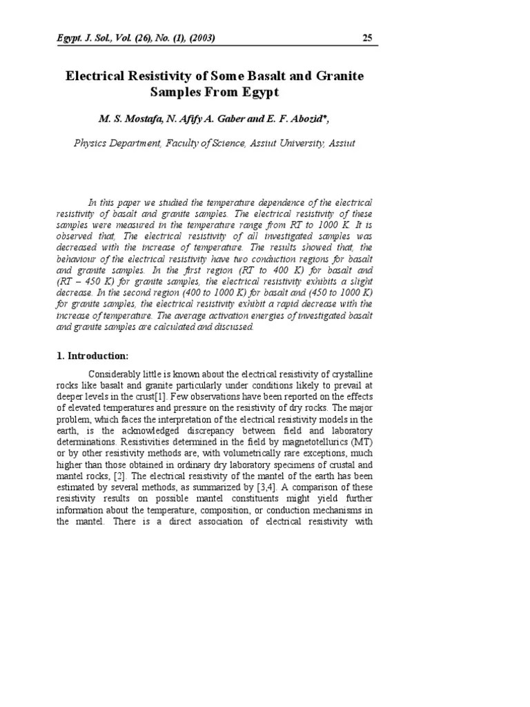 Electrical Resistivity of Basalt and Granite PDF Electrical Resistivity And Conductivity