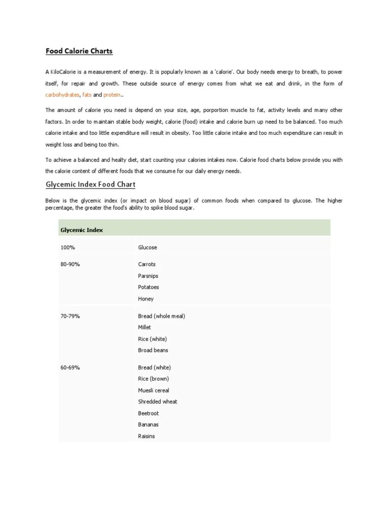 Food Calorie Charts PDF Glycemic Index Broccoli