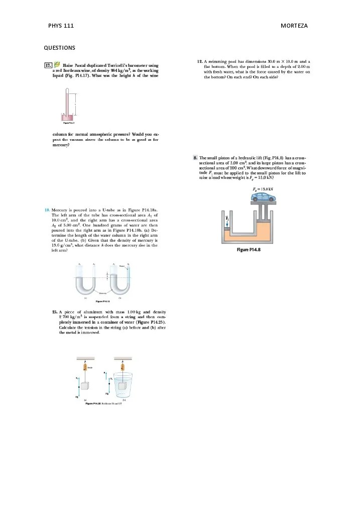 Fluid Mechanics= exercises for phys111