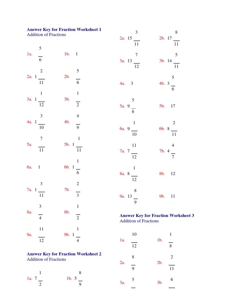 Answer Key For Fraction Worksheet 1 STD 3 Arithmetic