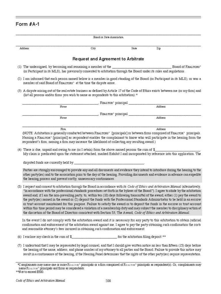 Form A1 Request and Agreement to Arbitrate Arbitration Lawyer