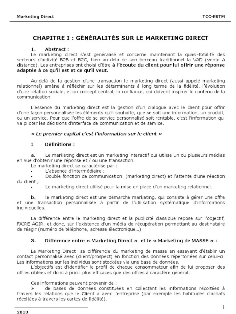 Marketing Direct Cours | PDF | Marketing direct | Gestion de la relation  client