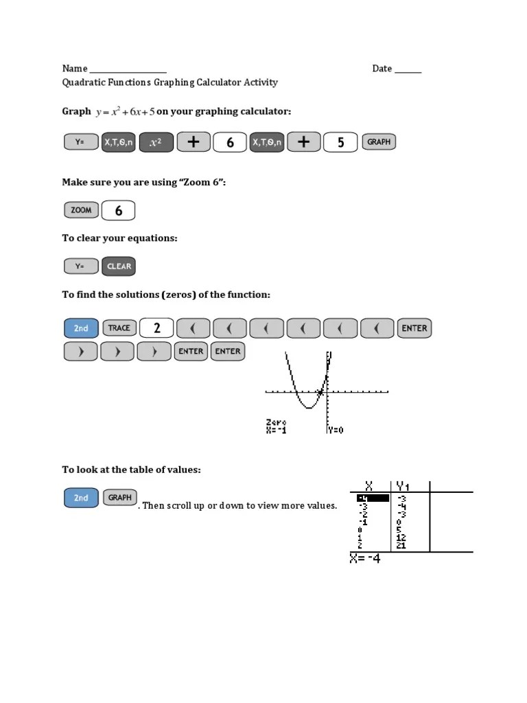 Finding Quadratic Solutions Graphing Calculator Activity