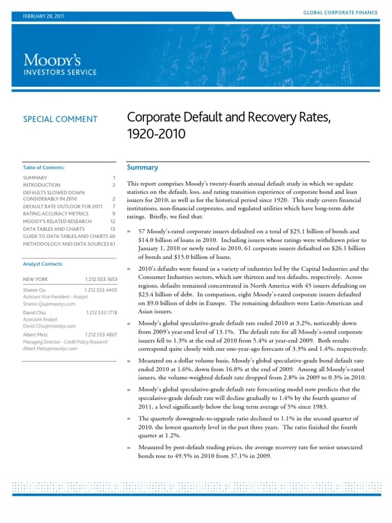 Moody's Corporate Default and Recovery Rates, 19202010. Moody's
