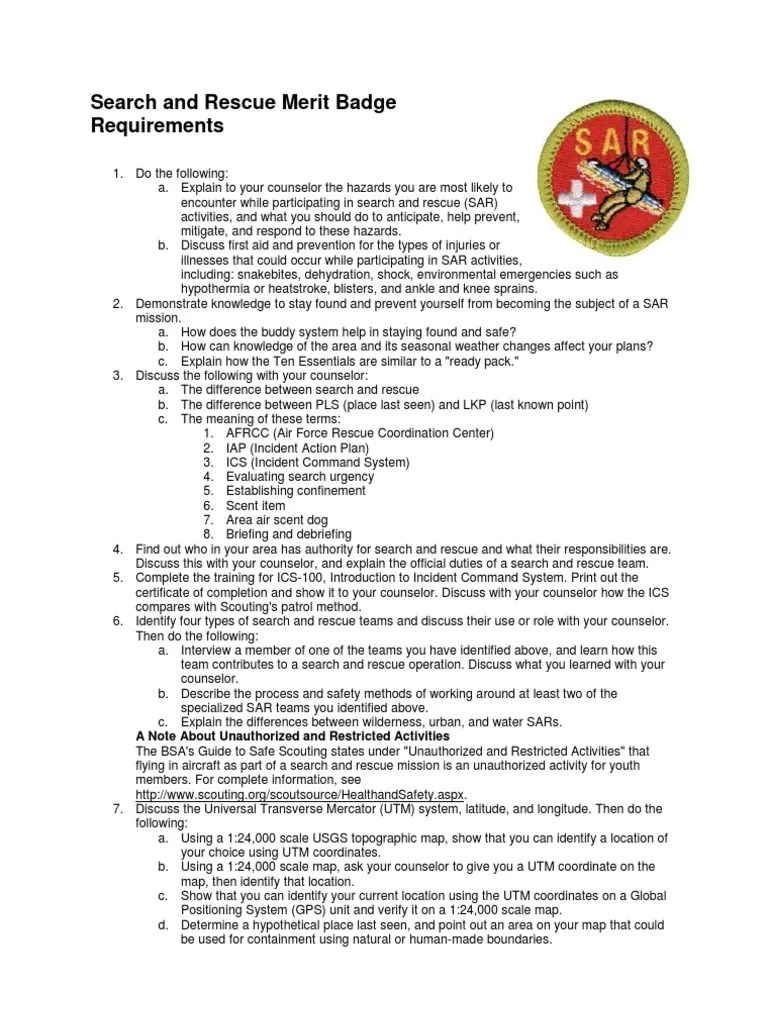 Search and Rescue Merit Badge Requirements Incident Command System Search And Rescue