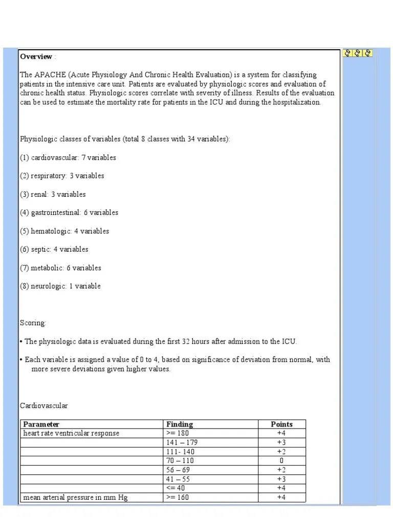 Apache Score Sepsis Chronic Condition
