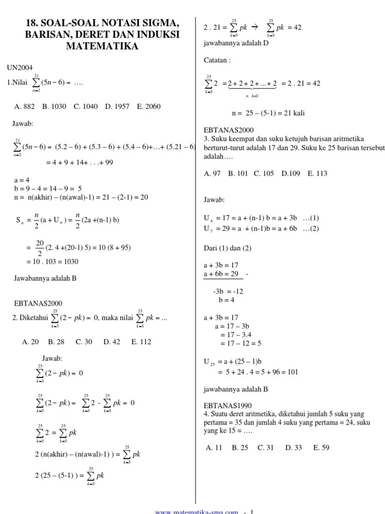 Doc) soal latihan pas gasal matematika peminatan kelas xii &mldr; Soal Soal Notasi Sigma Barisan Deret Dan Induksi Matematika Pembahasan Pdf
