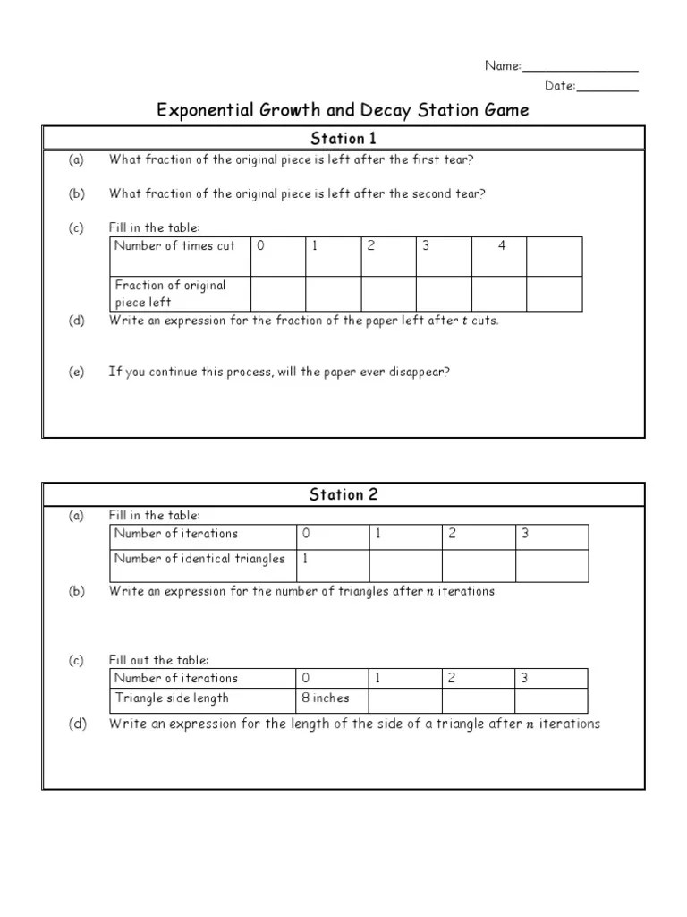 Worksheet to accompany Exponential Growth and Decay stations game