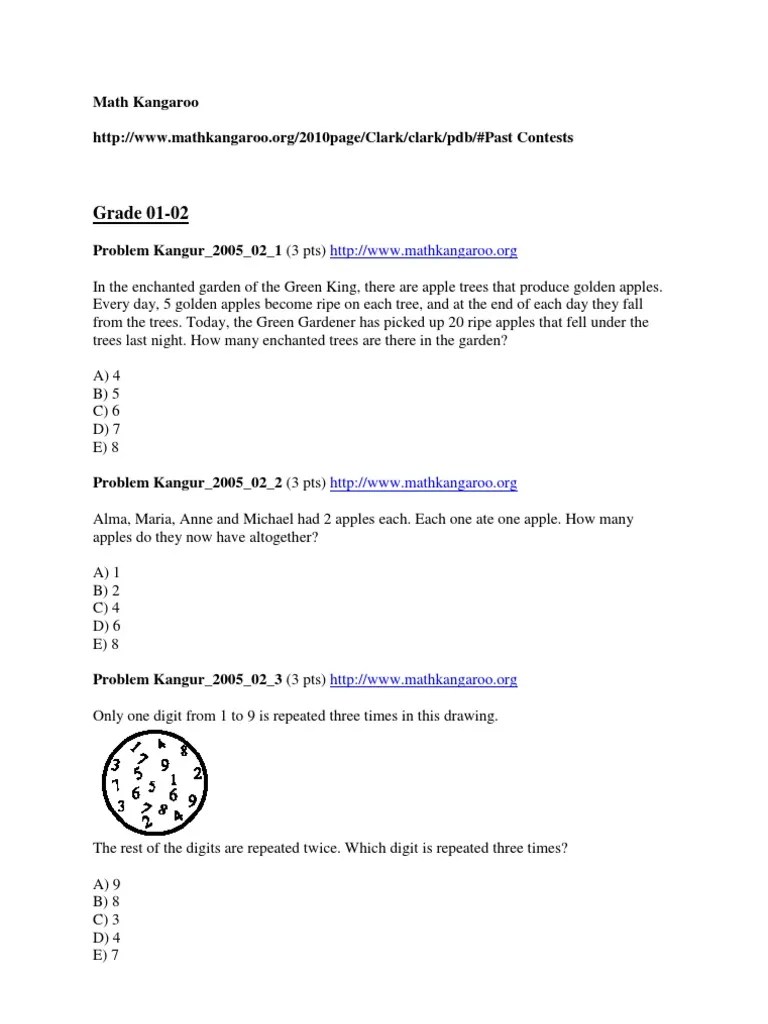 Math Kangaroo Practice Problems (Grades 18)