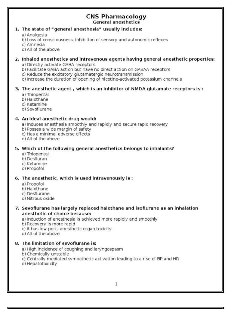MCQ General Anesthetics Anesthesia Drugs Acting On The Nervous System