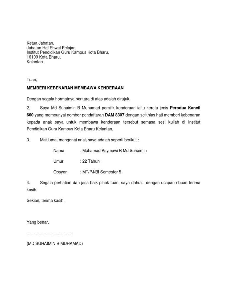 Contoh Surat Kebenaran Menggunakan Kenderaan Untuk Grab