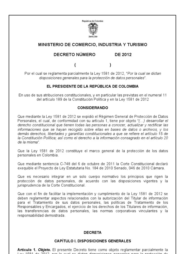 Proyecto Decreto Ley 1581 de 2012 Proteccion Datos Privacidad de la