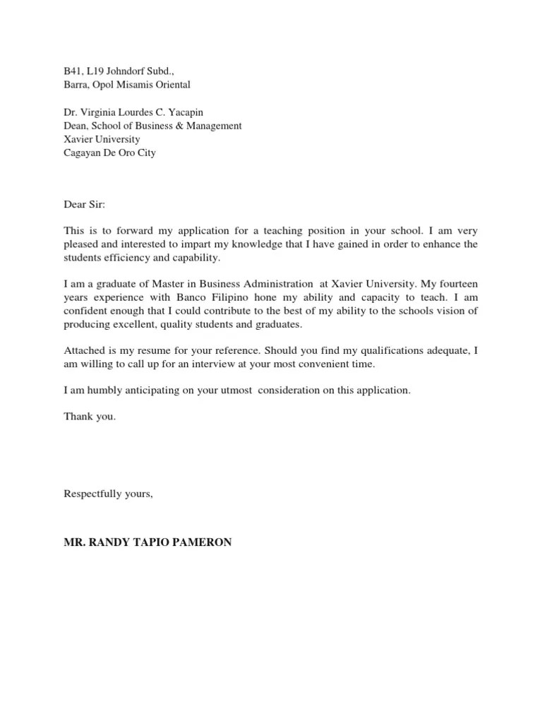 Principal (i, ii, iii or iv depending on the school). 51453244 Application Letter for Teacher