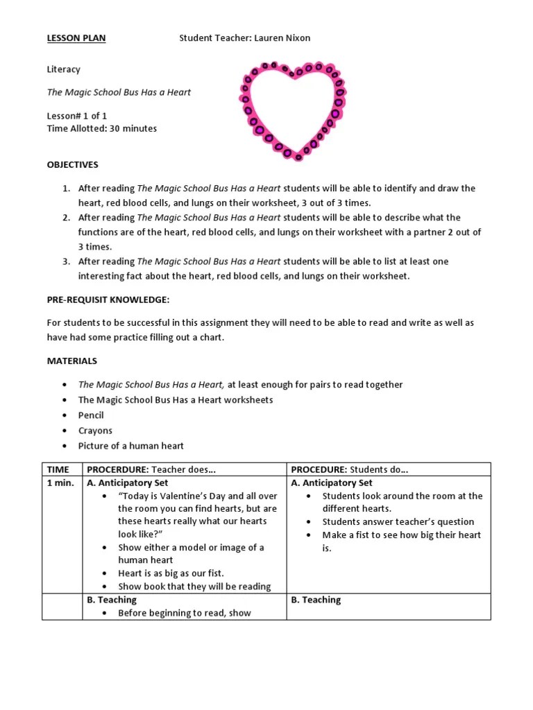 Magic School Bus Valentine's Lesson Plan Lesson Plan Heart