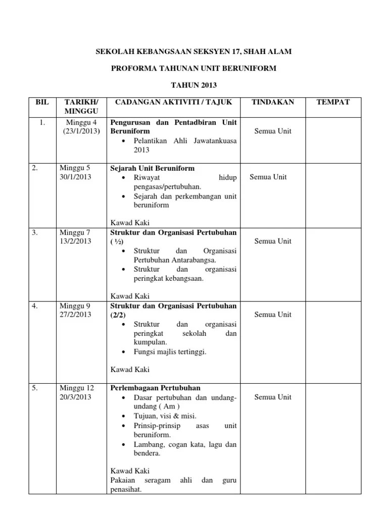 PERANCANGAN TAHUNAN AKTIVITI UNIT BERUNIFORM SEKOLAH RENDAH 2013