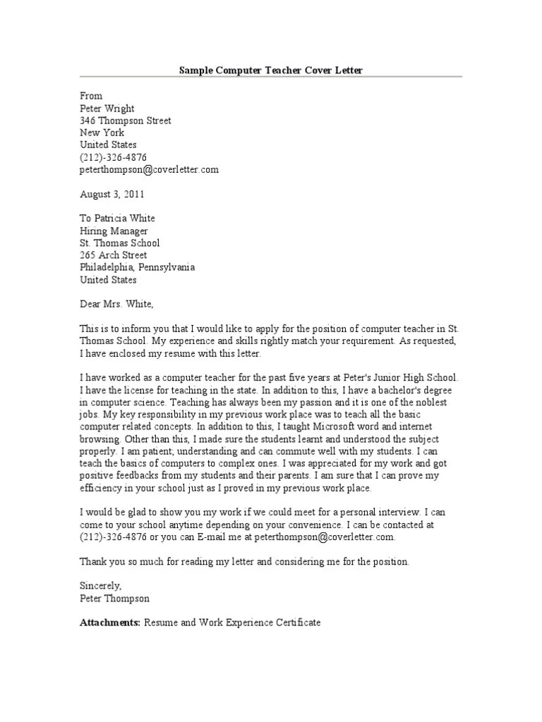 Sample Computer Teacher Cover Letter Résumé Teachers