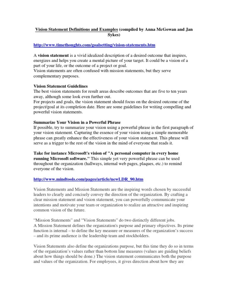 Best Examples Of A Vision Statement | Pdf | Business | Cognition