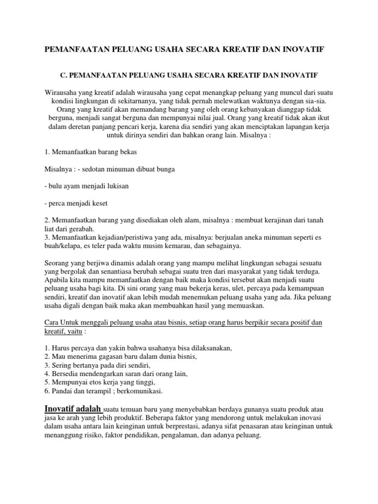 Pemanfaatan Peluang Secara Kreatif Dan Inovatif – Belajar