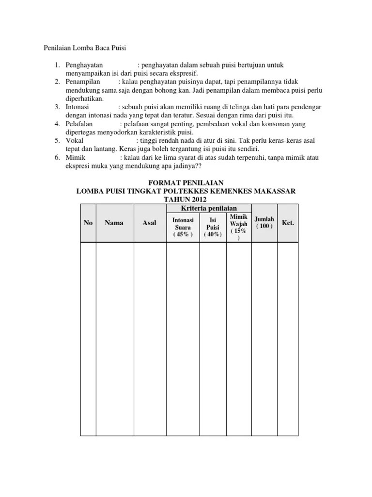 fORMAT Penilaian Lomba Baca Puisi | PDF