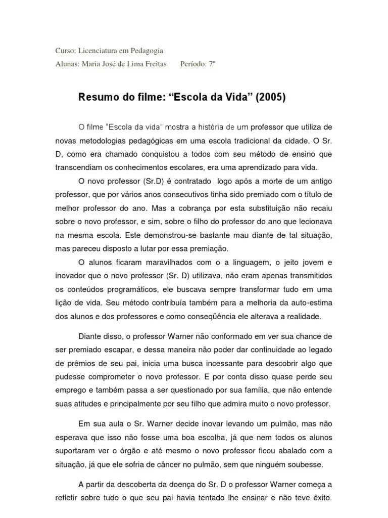 Resumo Do Filme Escola Da Vida Warner Bros. Pedagogia