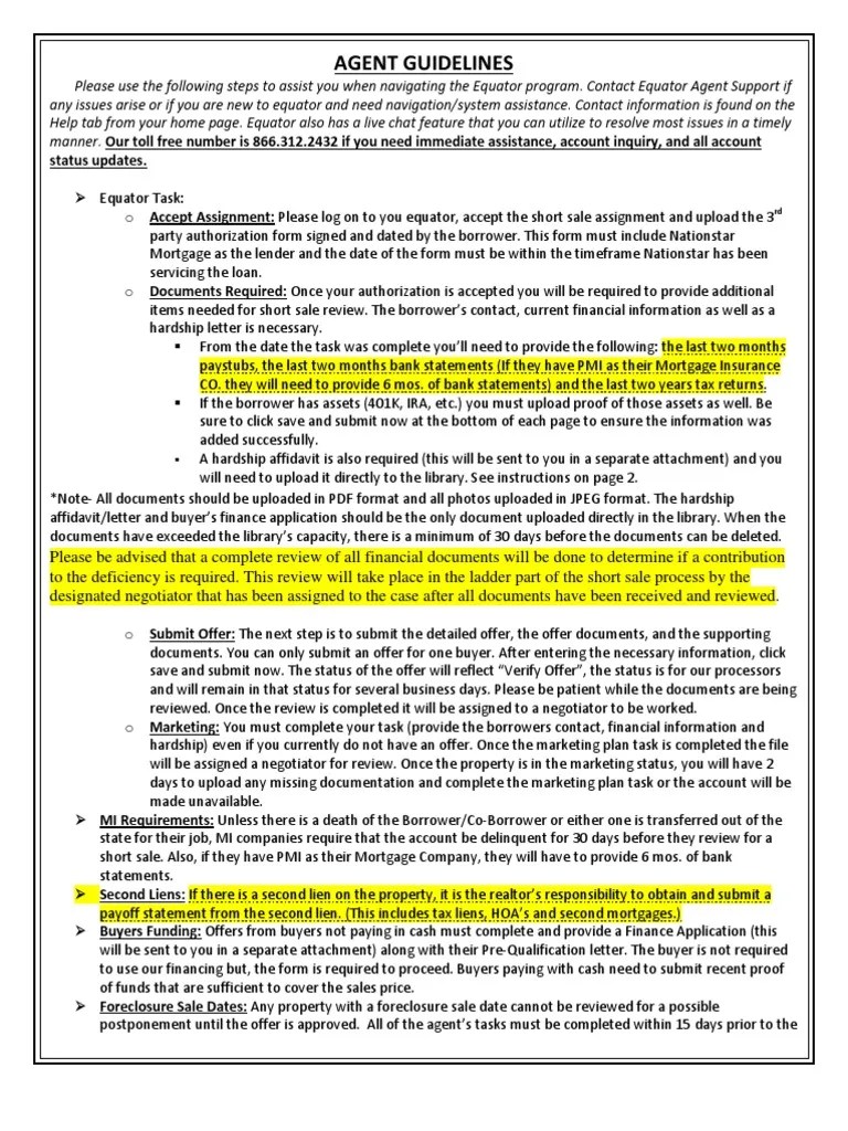 Agent Guidelines For Equator Short Sale PDF Short Sale (Real Estate) Race And Ethnicity In