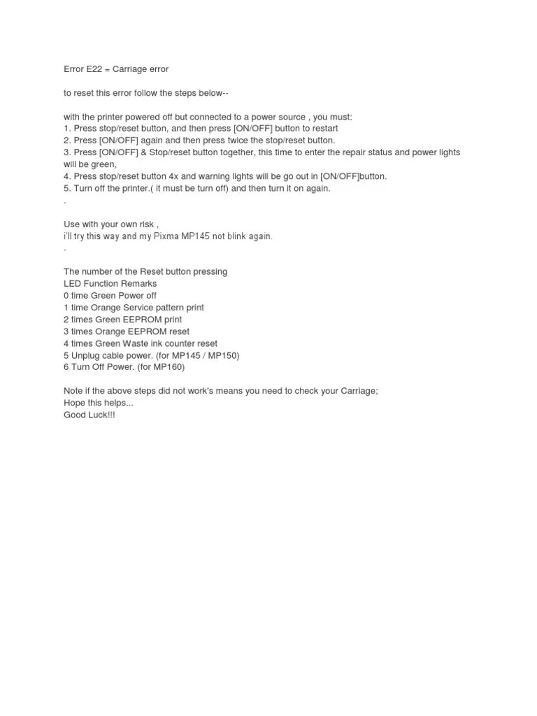 Canon Mp145 Error E22 Office Equipment Printing Prueba gratuita
