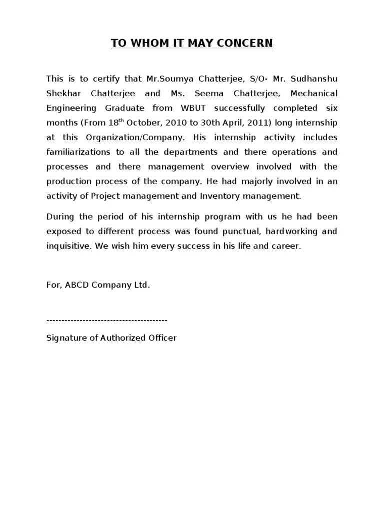 Internship Certificate Sample Doc