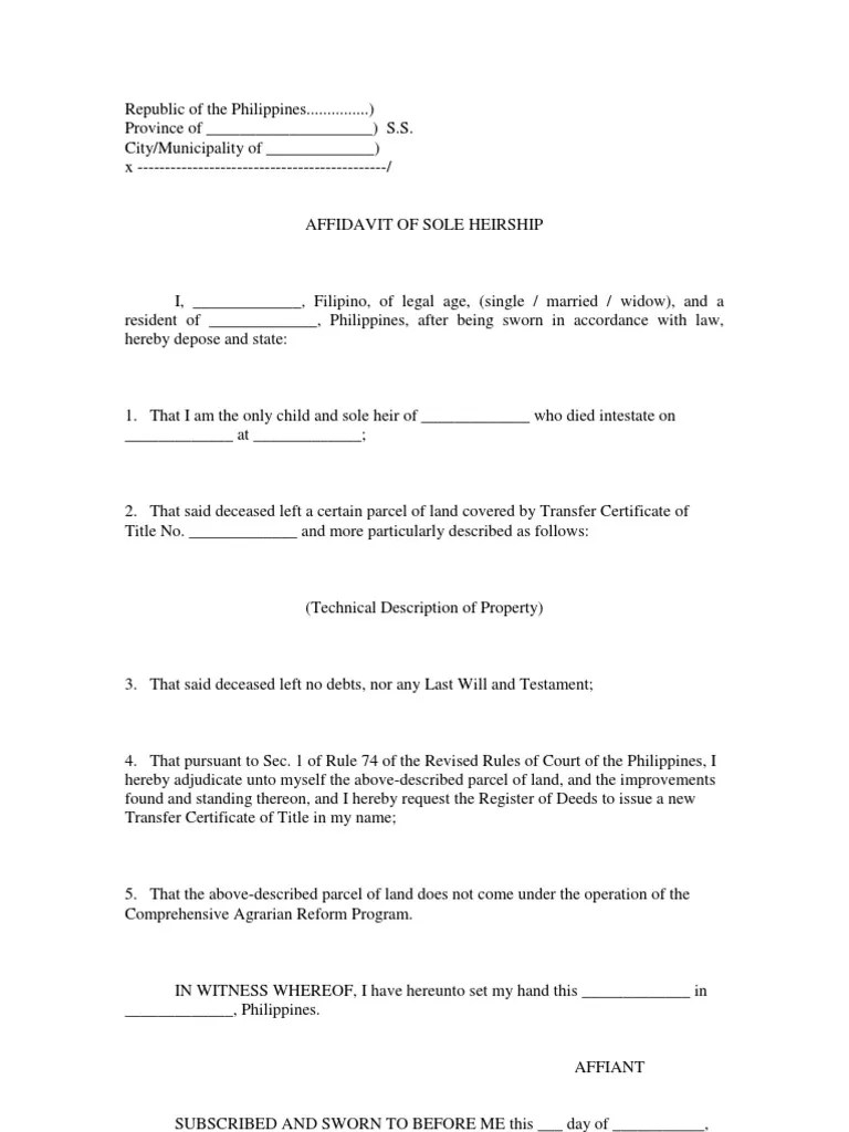 Sole Claim to Inherited Property Affidavit of Sole Heirship PDF