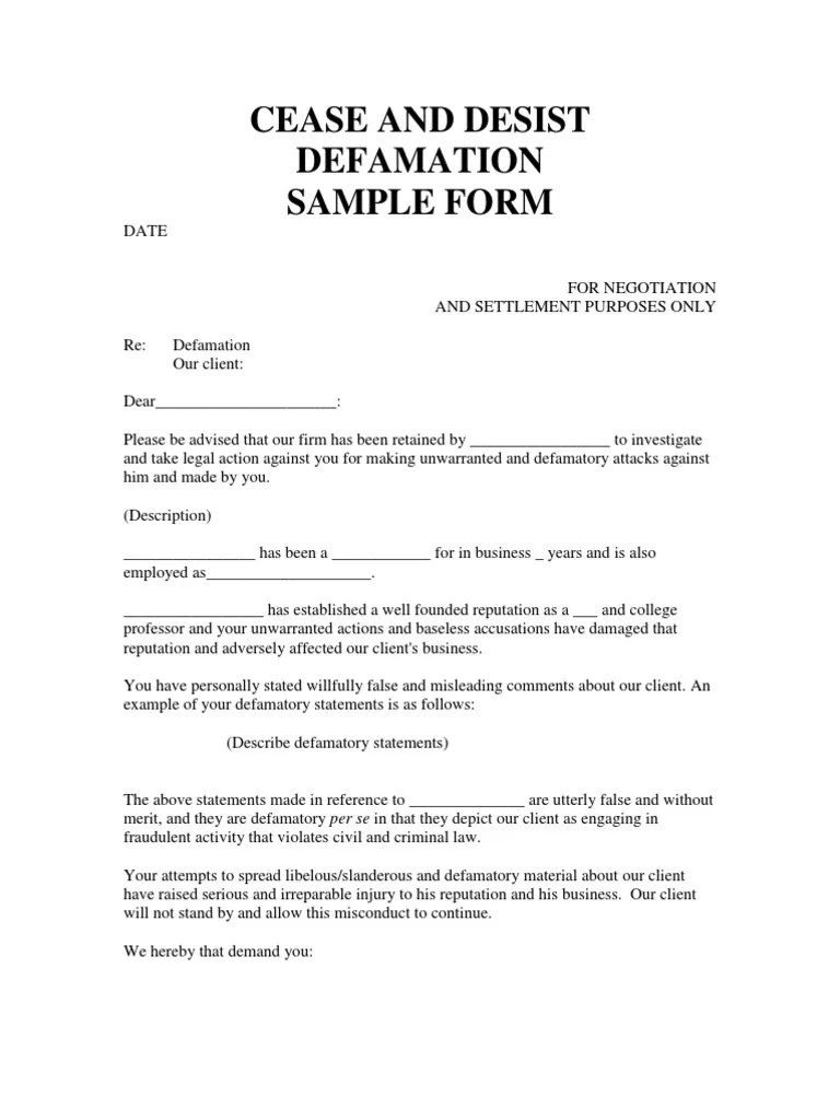 Ceast and Desist Defamation- SAMPLE FORM | Defamation | Cease And Desist