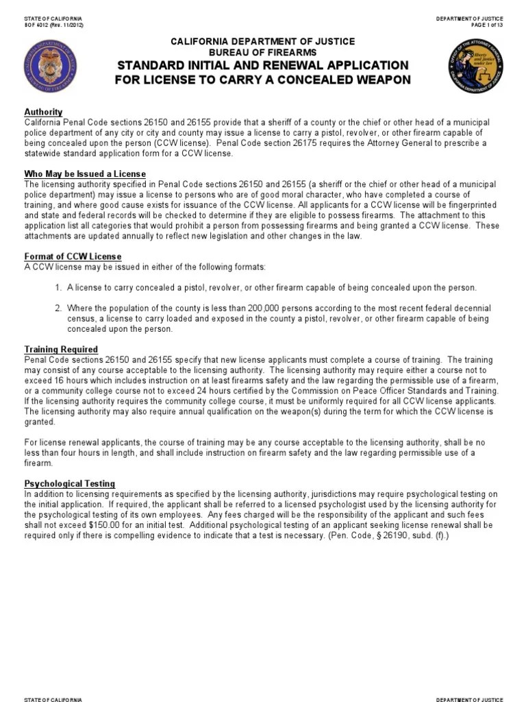 California DOJ Standard Carry License Application Concealed Carry In The United States