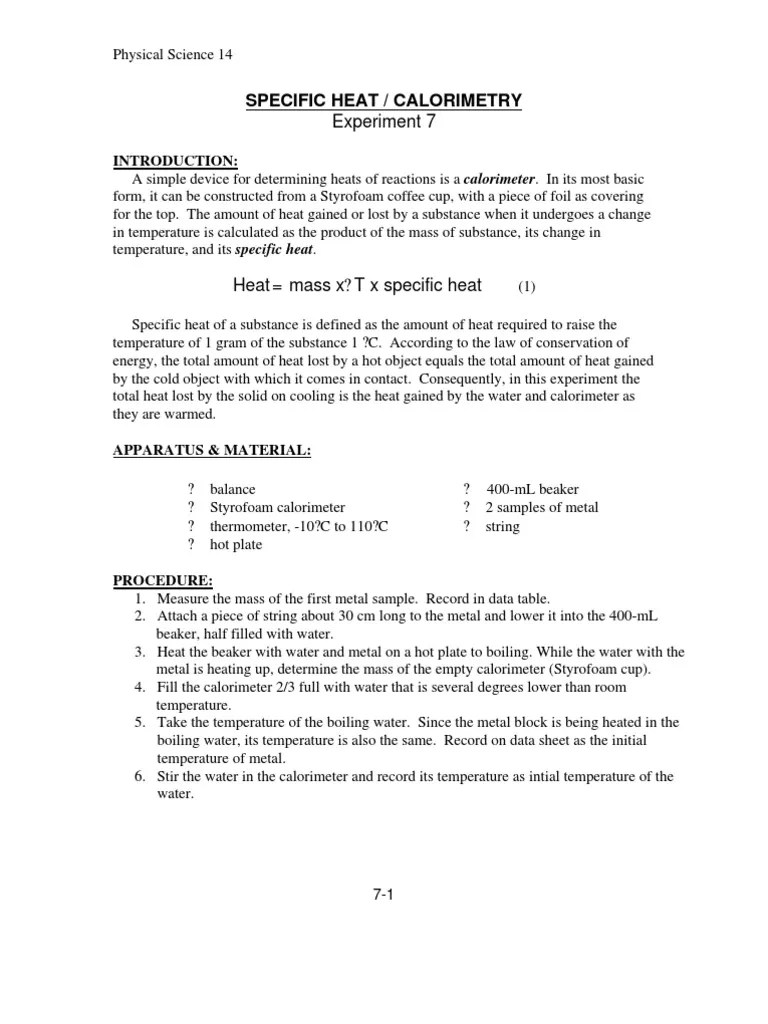 Lab 07Specific Heat & Calorimetry PDF PDF Heat Temperature