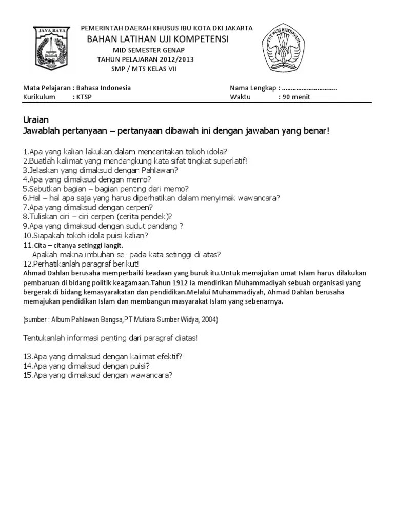 Soal Latihan Uraian MID (B.indo) | PDF