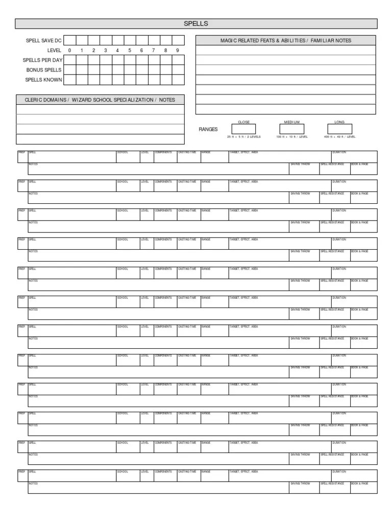 D&D 3.5 Spell Sheet Tabletop Games Gaming