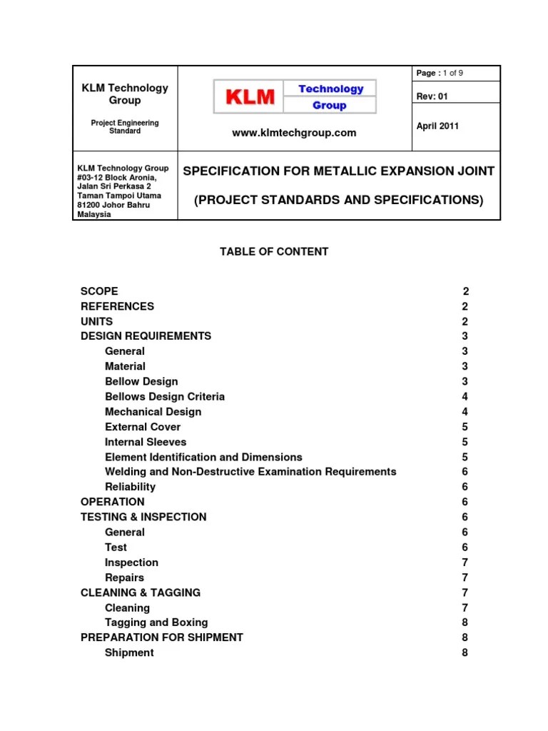 Project Standards and Specifications Metallic Expansion Joint Rev01