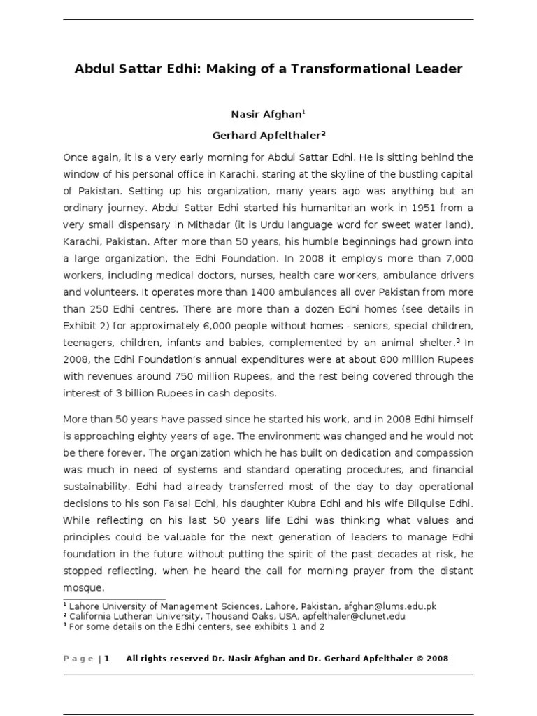 Abdul Sattar Edhi Making of a Transformational Leader is a story that