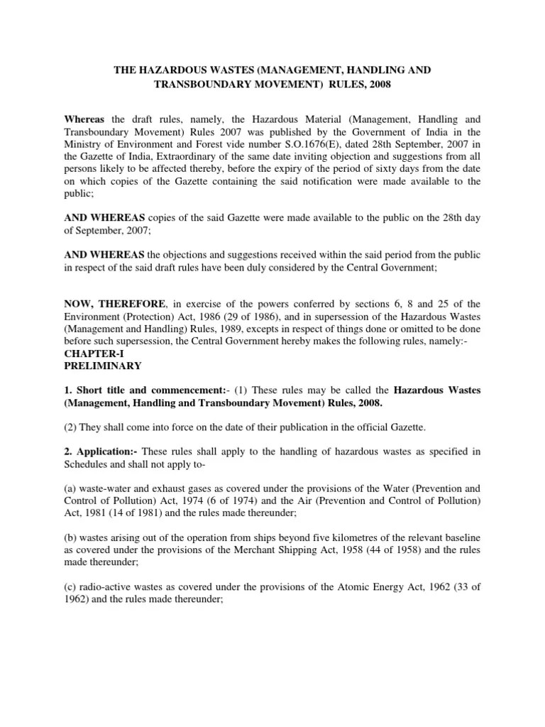 Hazardous Wastes (Management, Handling and Transboundary Movement